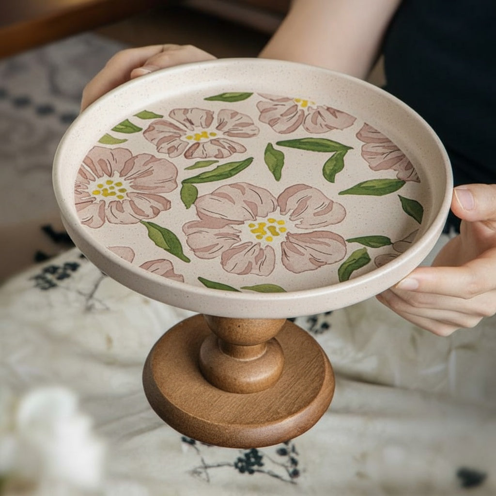 Hands holding Floral Ceramic And Wood Round Pedestal Stand
