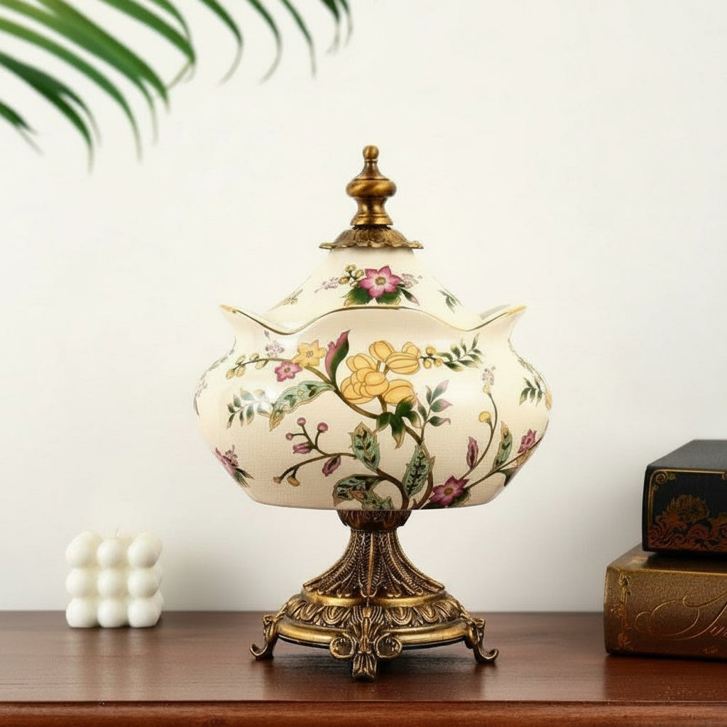 Floral Ceramic And Brass Finish Lidded Decorative Jar