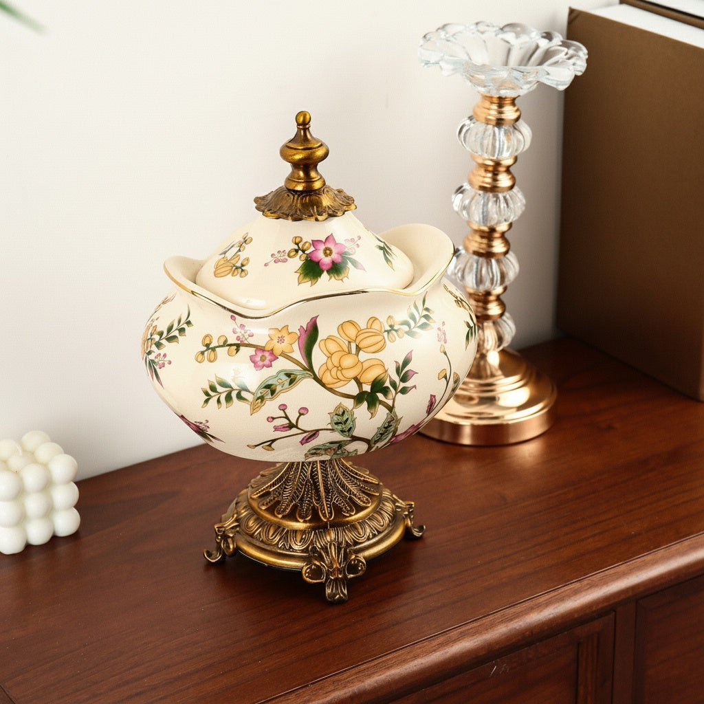 Floral Ceramic And Brass Finish Lidded Decorative Jar Displayed