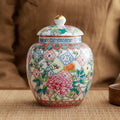 Front view of floral ceramic ginger jar with lid