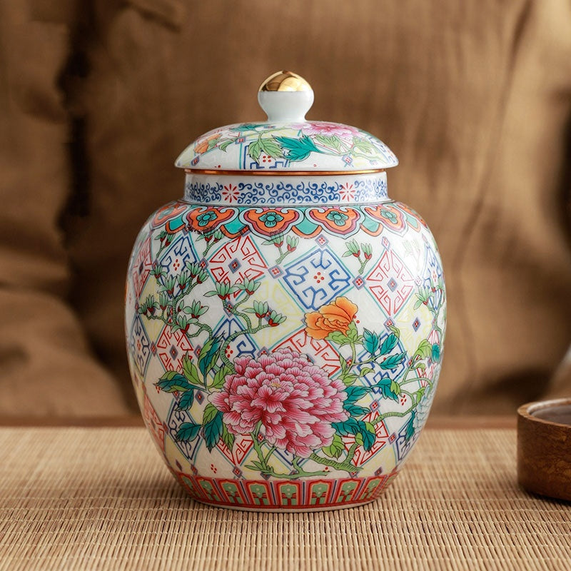 Front view of floral ceramic ginger jar with lid