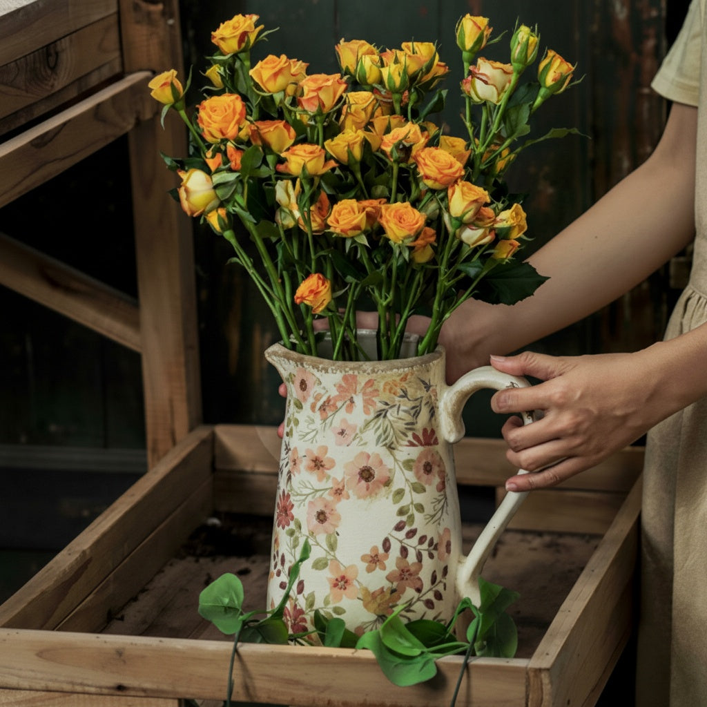 Person holding floral ceramic pitcher vase with yellow roses