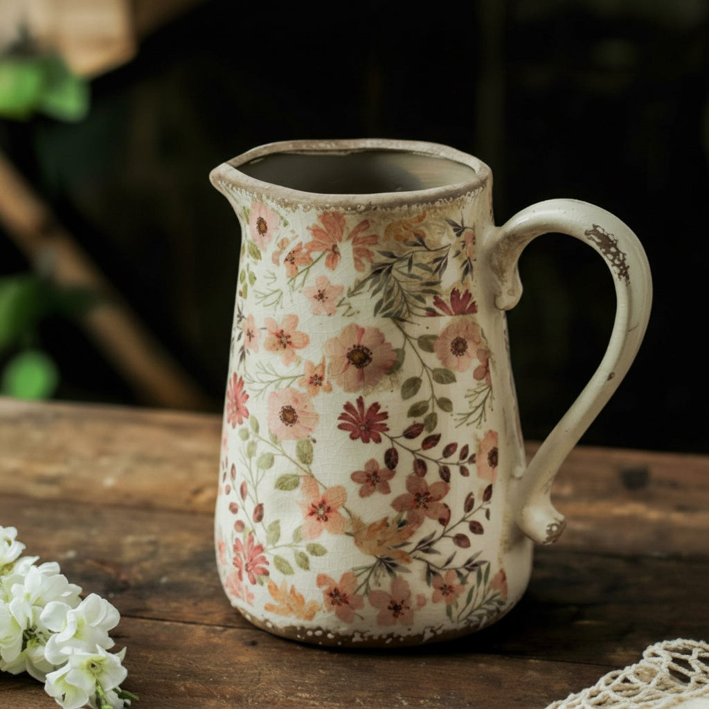 Close up of floral patterned ceramic pitcher vase on wooden table