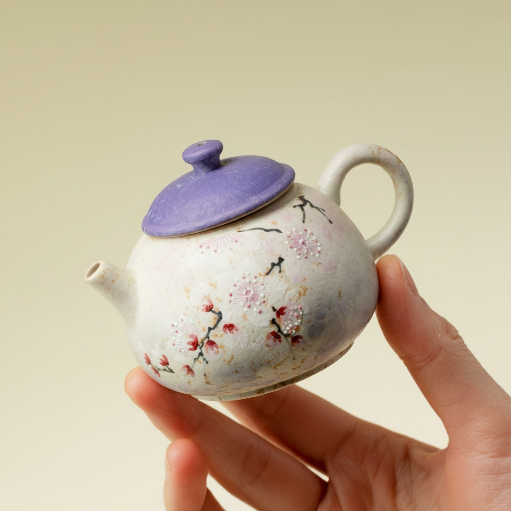 Hand holding the miniature floral ceramic teapot