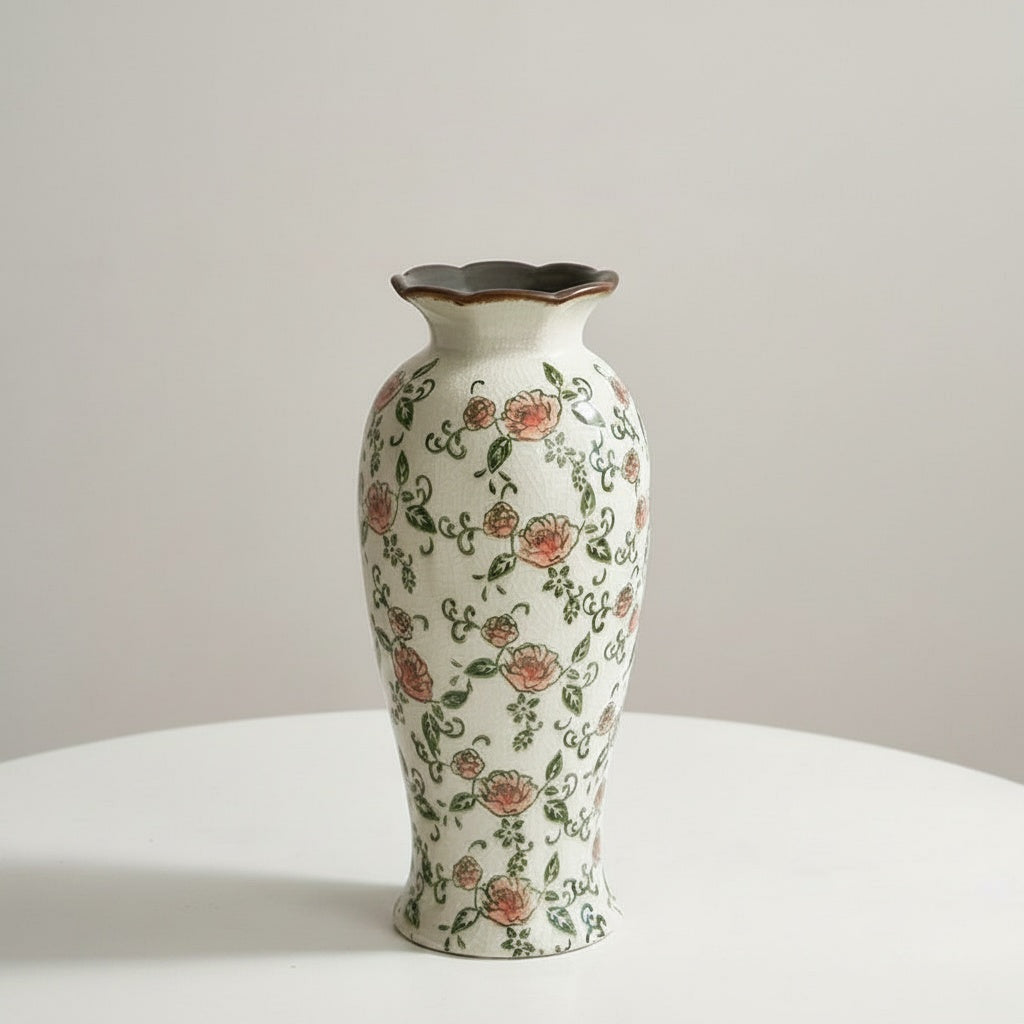 Floral Ceramic Scalloped Tall Vase