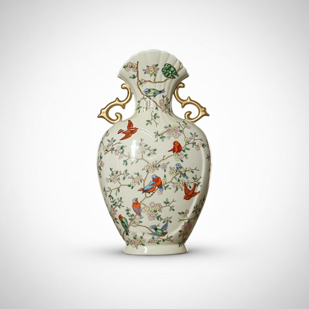 Floral Ceramic Scalloped Vase With Gold Handles