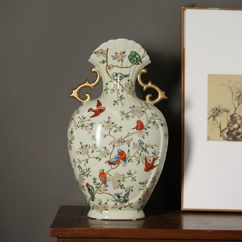 Floral Ceramic Scalloped Vase With Gold Handles