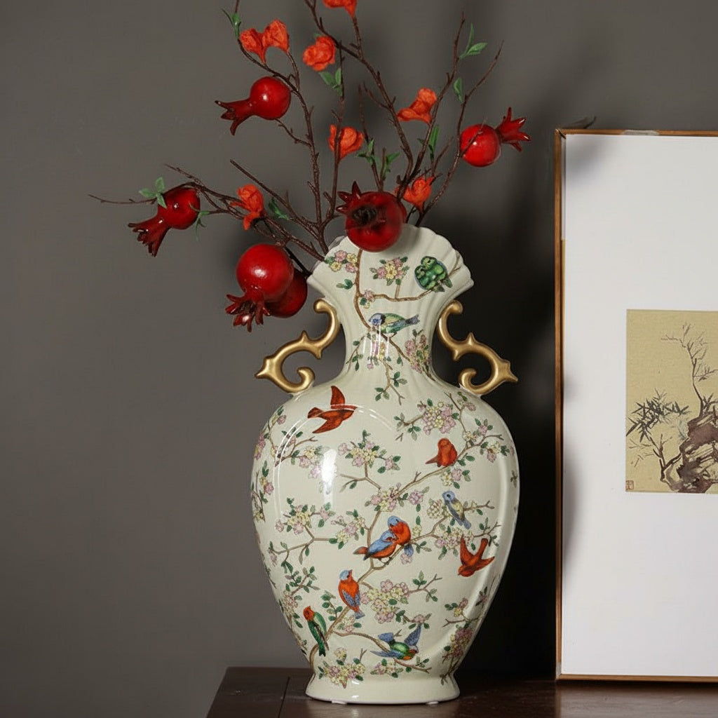 Floral Ceramic Scalloped Vase With Gold Handles