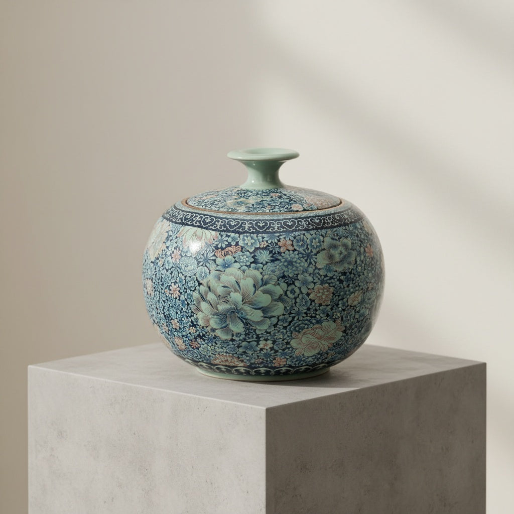 Floral ceramic tea caddy with intricate blue and teal botanical pattern