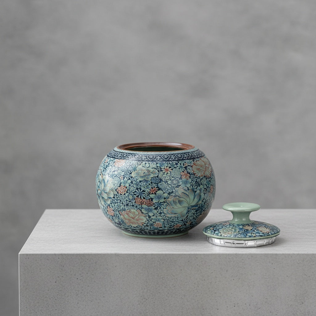 Open ceramic tea jar with wooden scoop serving loose leaf tea