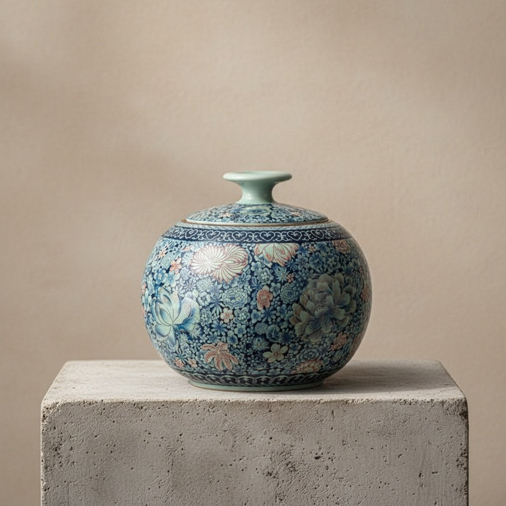Person holding large round floral ceramic tea canister