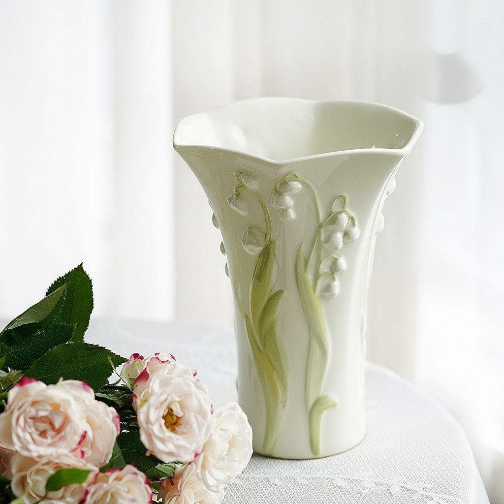 Floral Embossed Ceramic Flared Vase Close Up