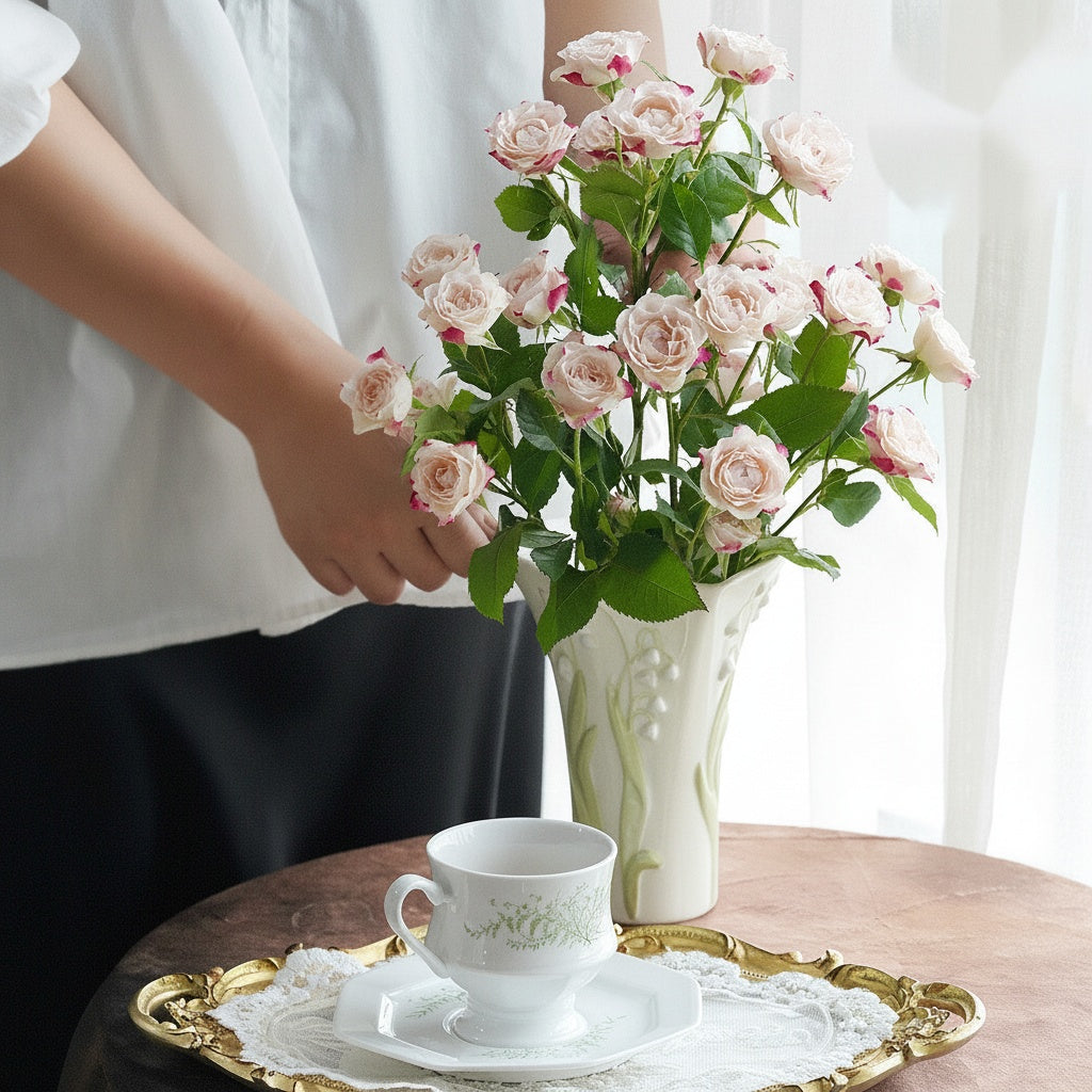 Floral Embossed Ceramic Flared Vase Lifestyle