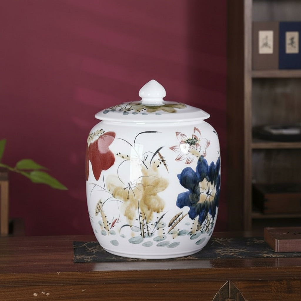 Floral Hand Painted Ceramic Lidded Storage Jar