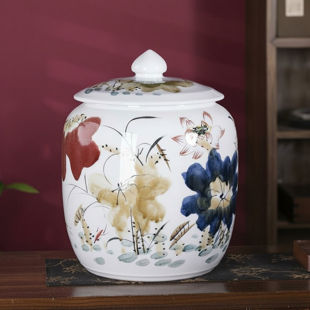 Floral Hand Painted Ceramic Lidded Storage Jar