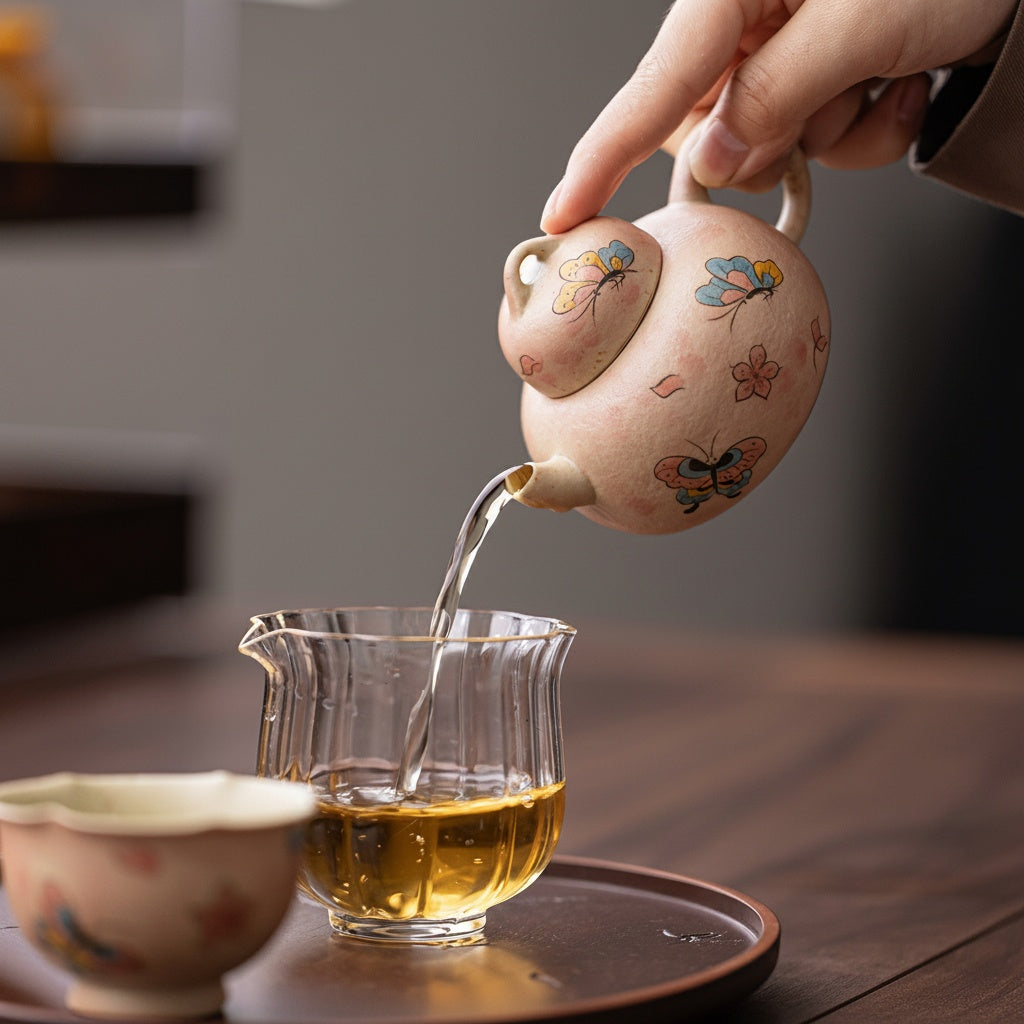 Floral Painted Ceramic Round Teapot Pouring