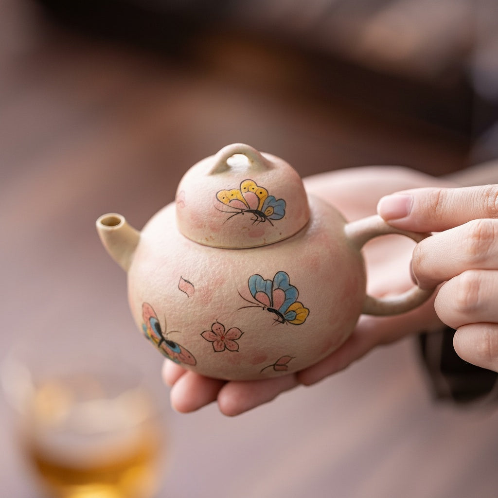 Floral Painted Ceramic Round Teapot In Hand