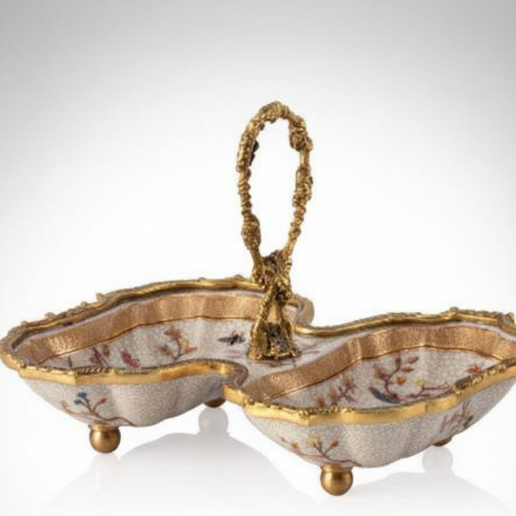 Floral Porcelain & Brass Double Decorative Dish
