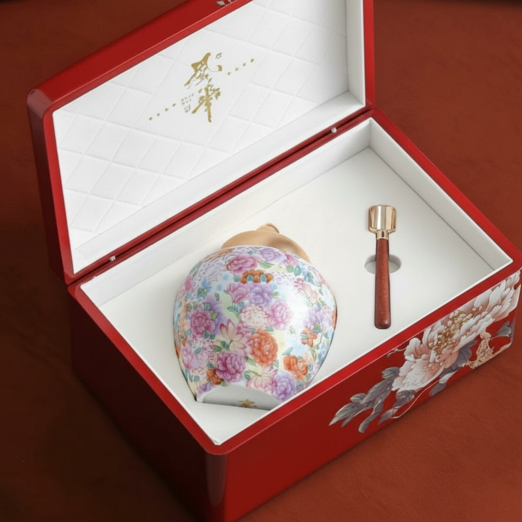 Porcelain tea caddy inside luxury red presentation box with wooden scoop
