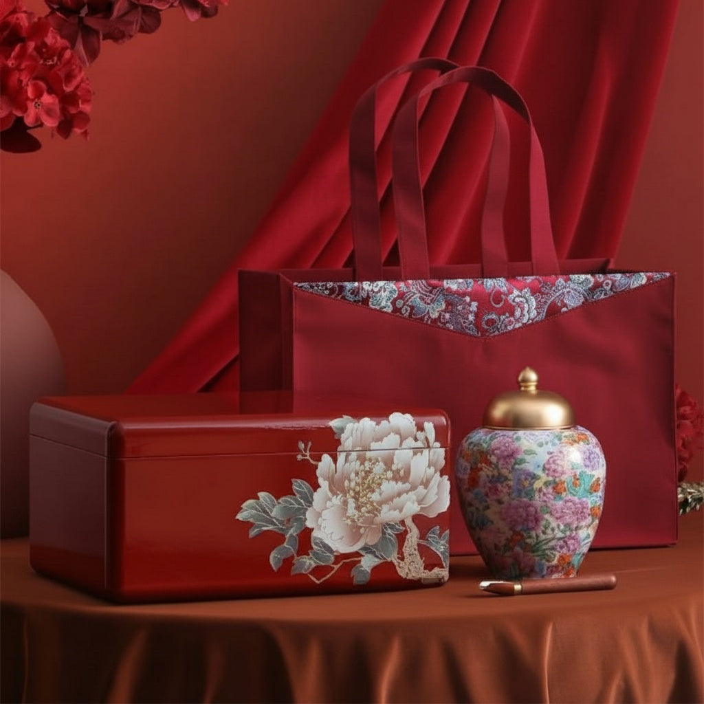 Complete porcelain tea caddy set with red floral gift box and matching bag