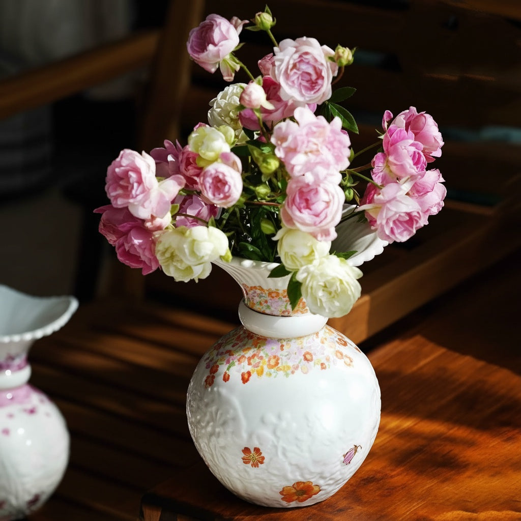 Floral Porcelain Fluted Rim Vase Styled With Pink Roses