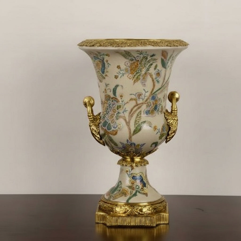Front view of floral porcelain urn vase with gilt brass handles