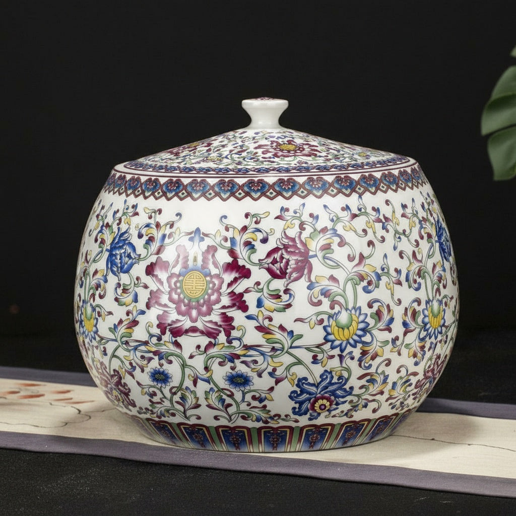 Front view of floral patterned porcelain lidded jar on table runner