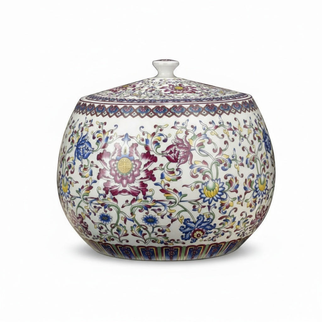 Isolated studio shot of floral patterned porcelain lidded jar