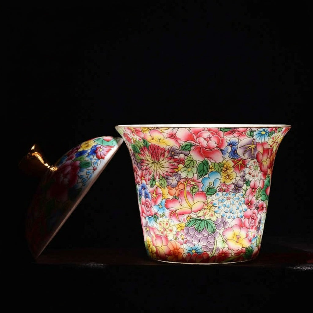 Floral Porcelain And Gold Lidded Teacup Open Lid