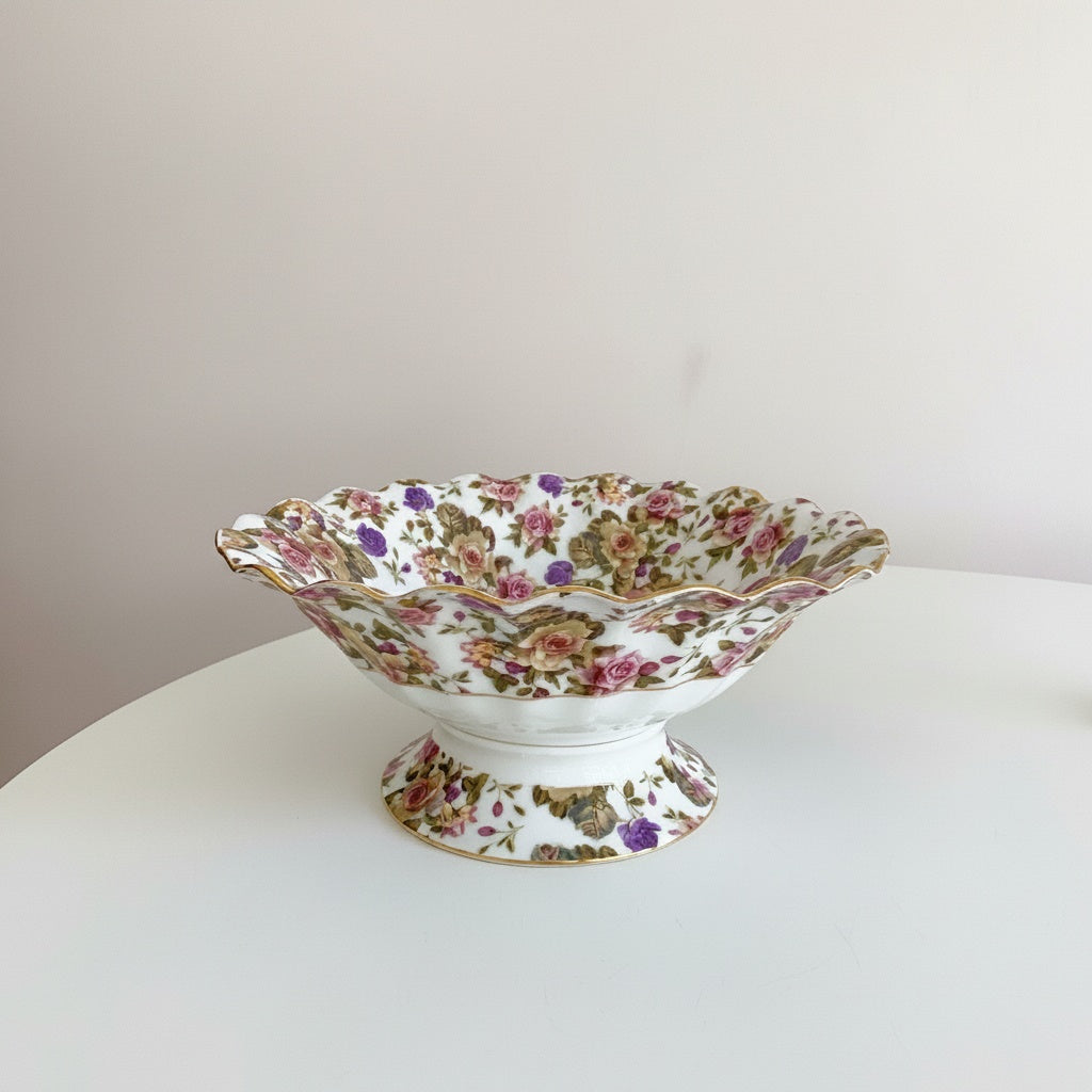 Floral Porcelain Scalloped Footed Bowl