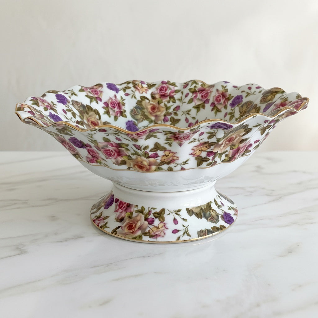 Floral Porcelain Scalloped Footed Bowl