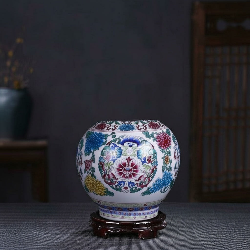 Floral Pattern Porcelain Spherical Decorative Jar