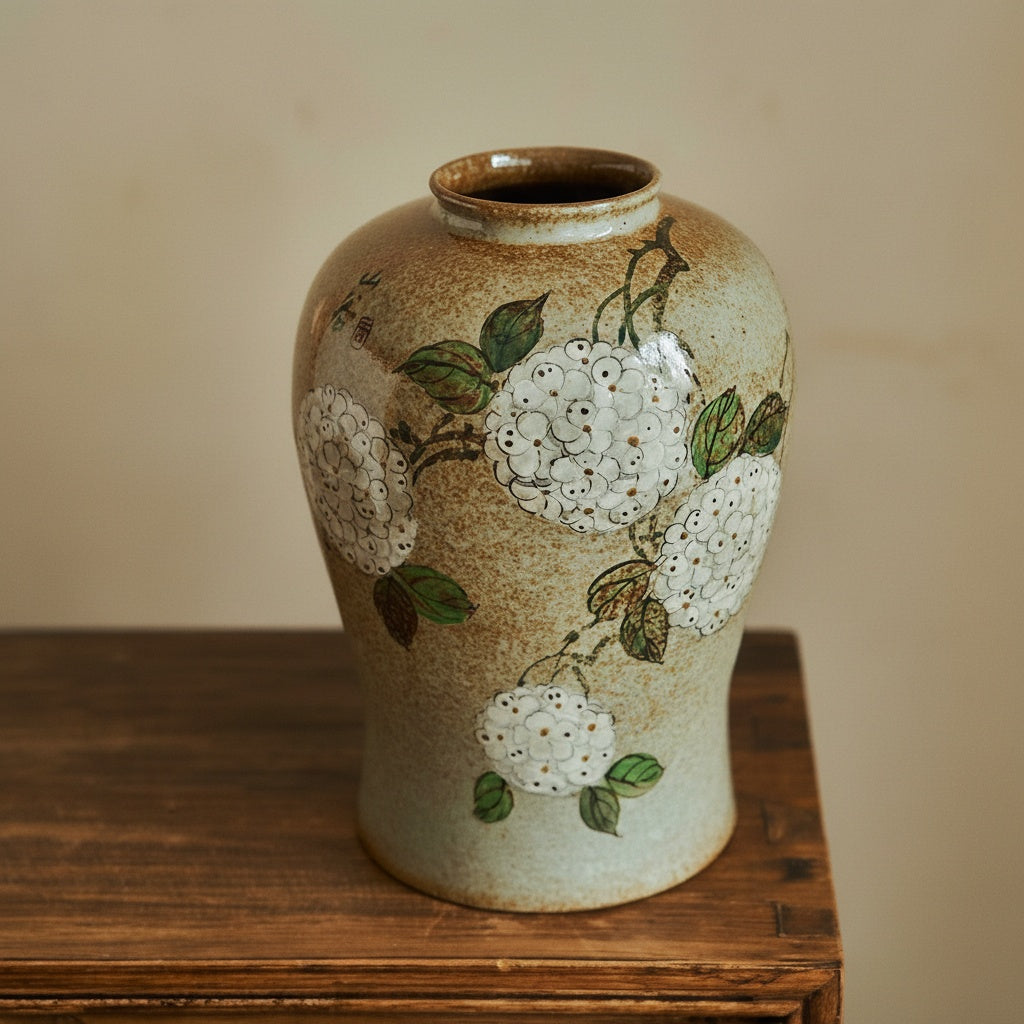Front view of floral stoneware vase with hydrangea design
