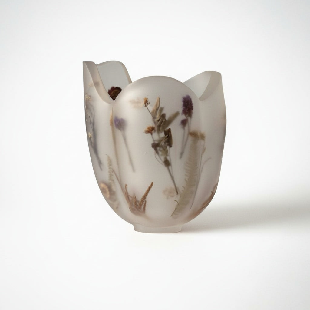Frosted botanical resin scalloped vase