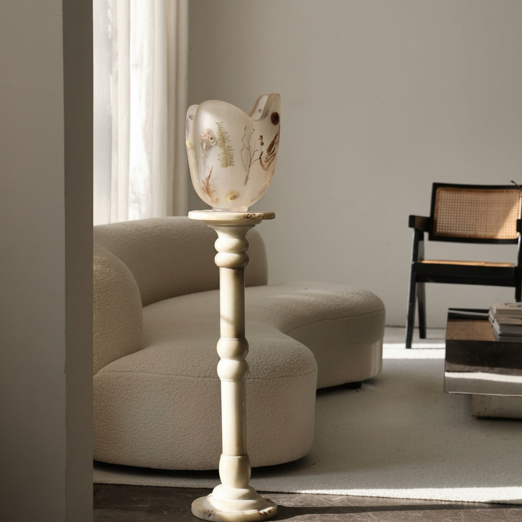 Frosted botanical resin scalloped vase on pedestal