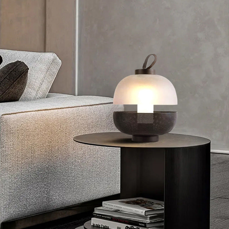 Modern lantern lamp on side table in living room