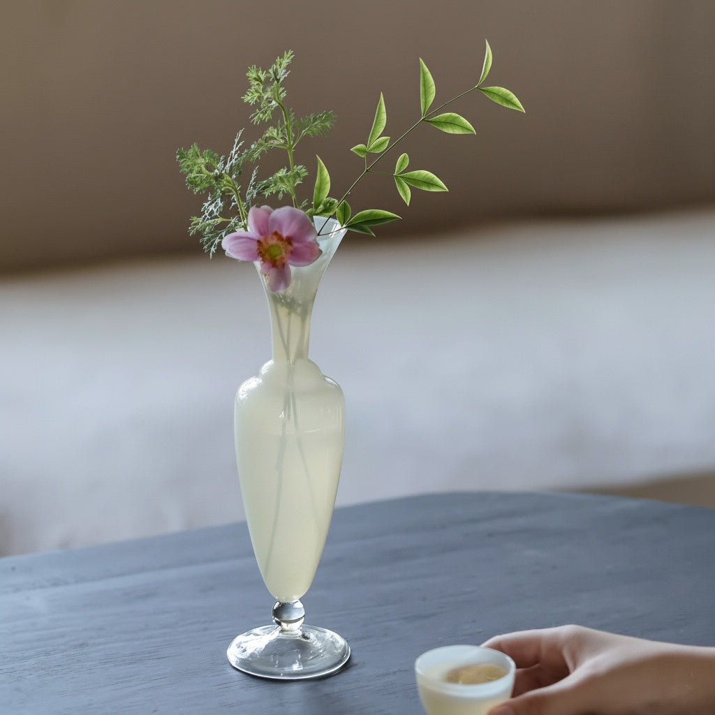 Frosted glass pedestal vase with pink flower on a table