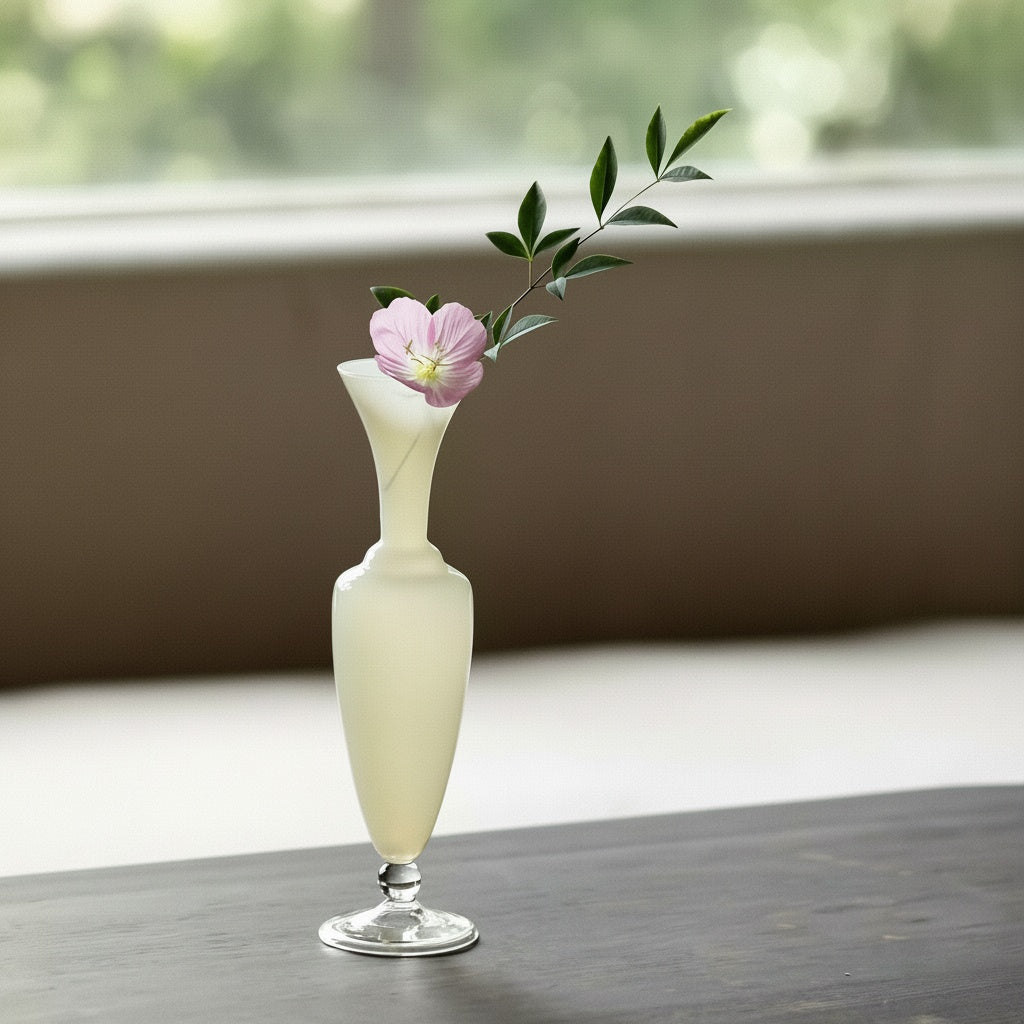 Frosted glass pedestal vase with pink flower sitting on a table