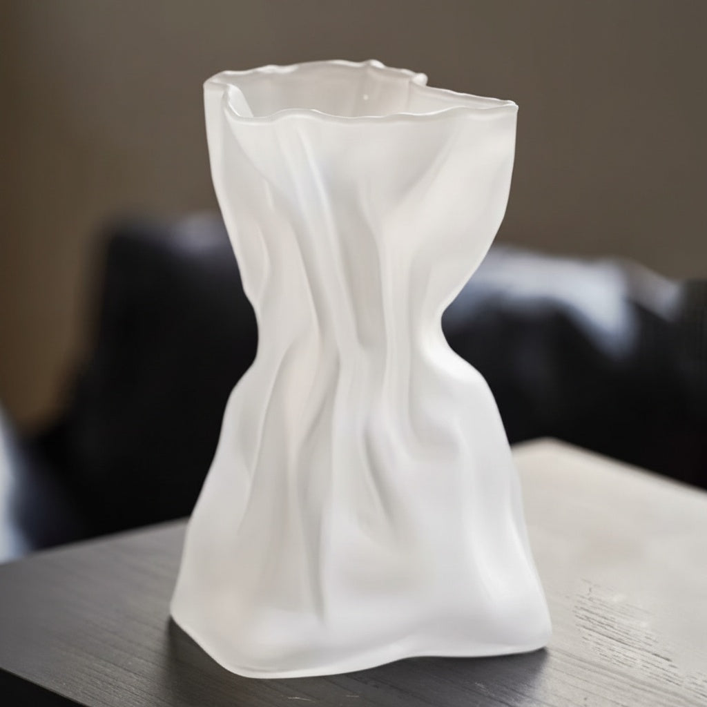 Frosted White Glass Folded Sculptural Vase