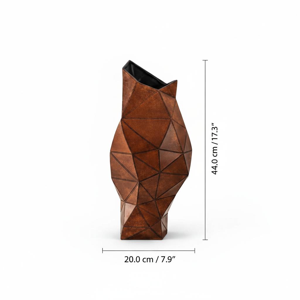 Dimensions diagram of brown geometric faceted resin vase