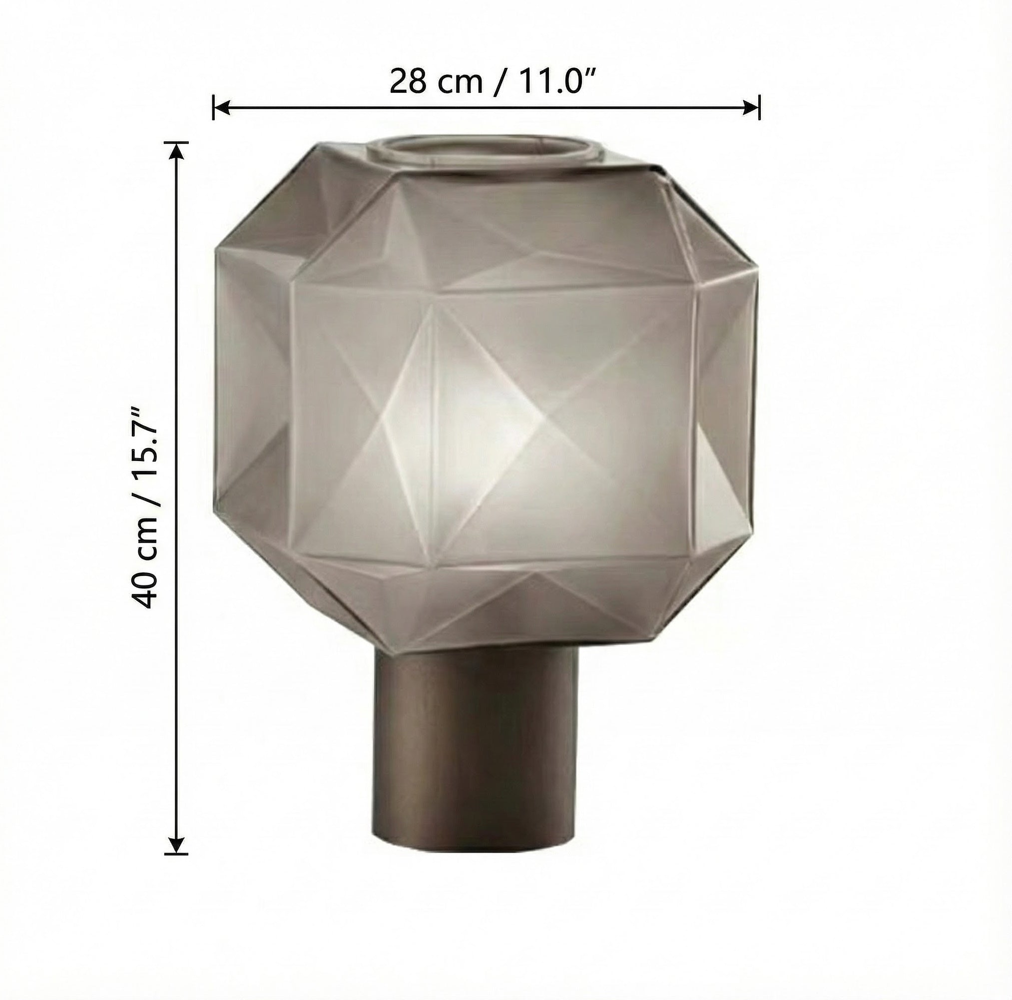 Technical diagram showing dimensions of geometric glass table lamp 28cm width by 40cm height
