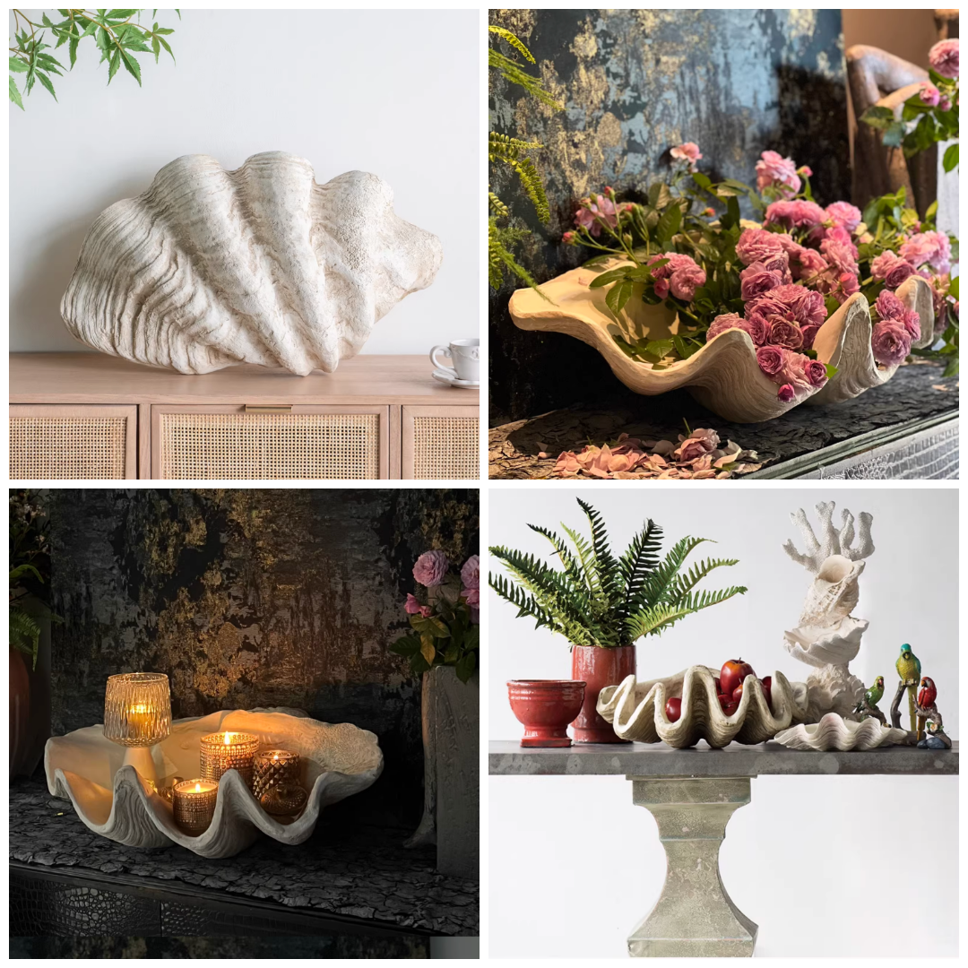 Large resin clam shell decorative bowl shown in mixed interior styling scenes