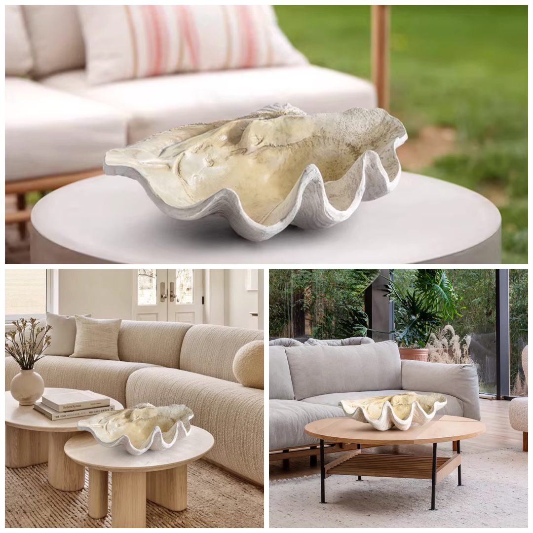Oversized resin clam shell decorative bowl shown in multiple living room styling settings