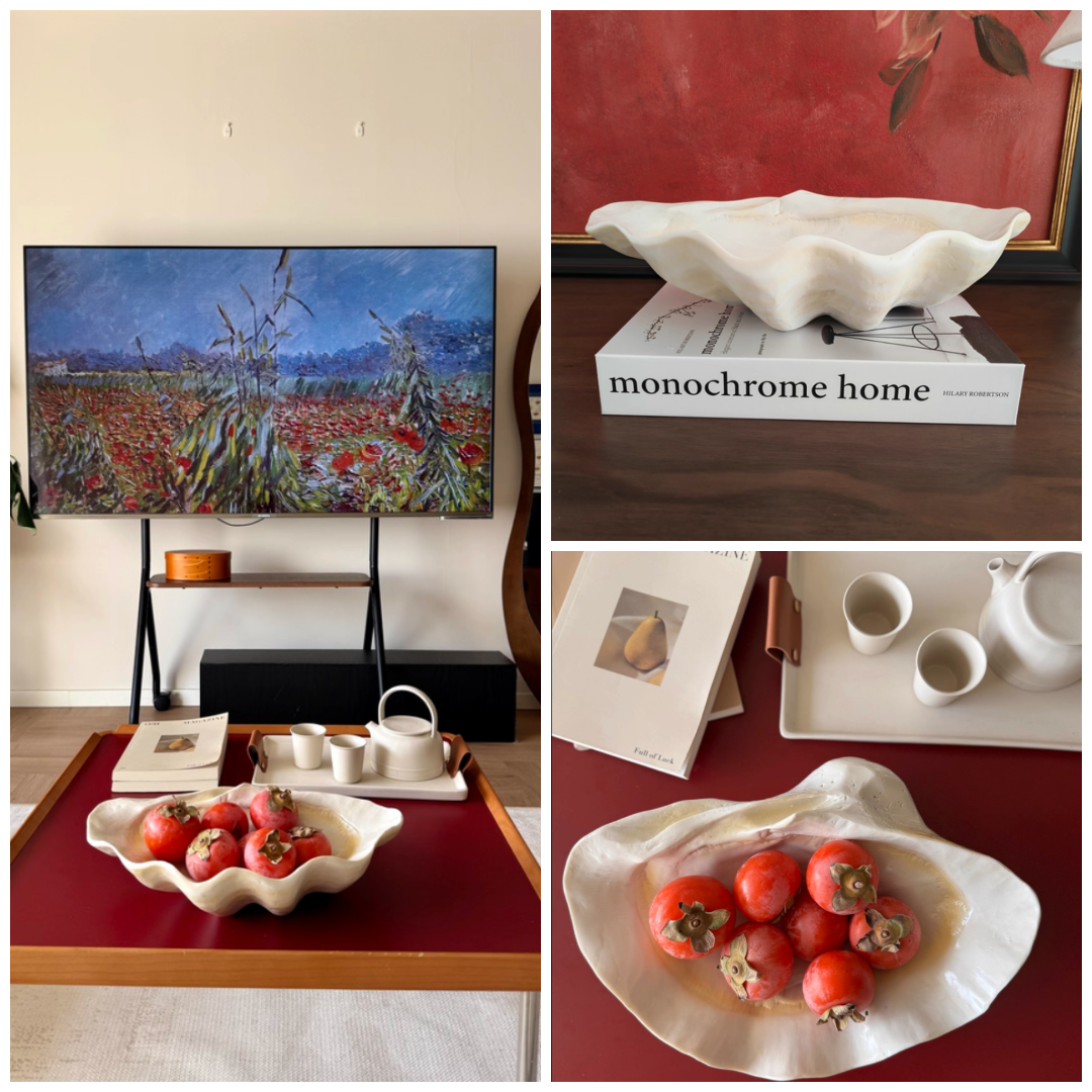 Resin clam shell decorative bowl styled with fruit and shelf decor in multiple settings