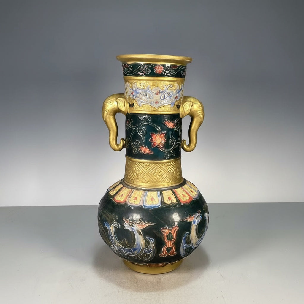 Gilded Ceramic Elephant Handle Vase
