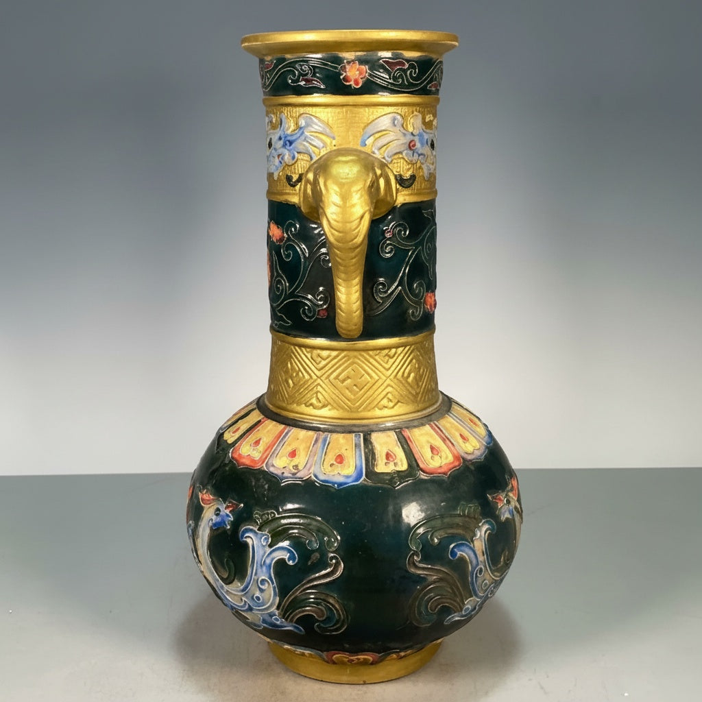 Gilded Ceramic Elephant Handle Vase