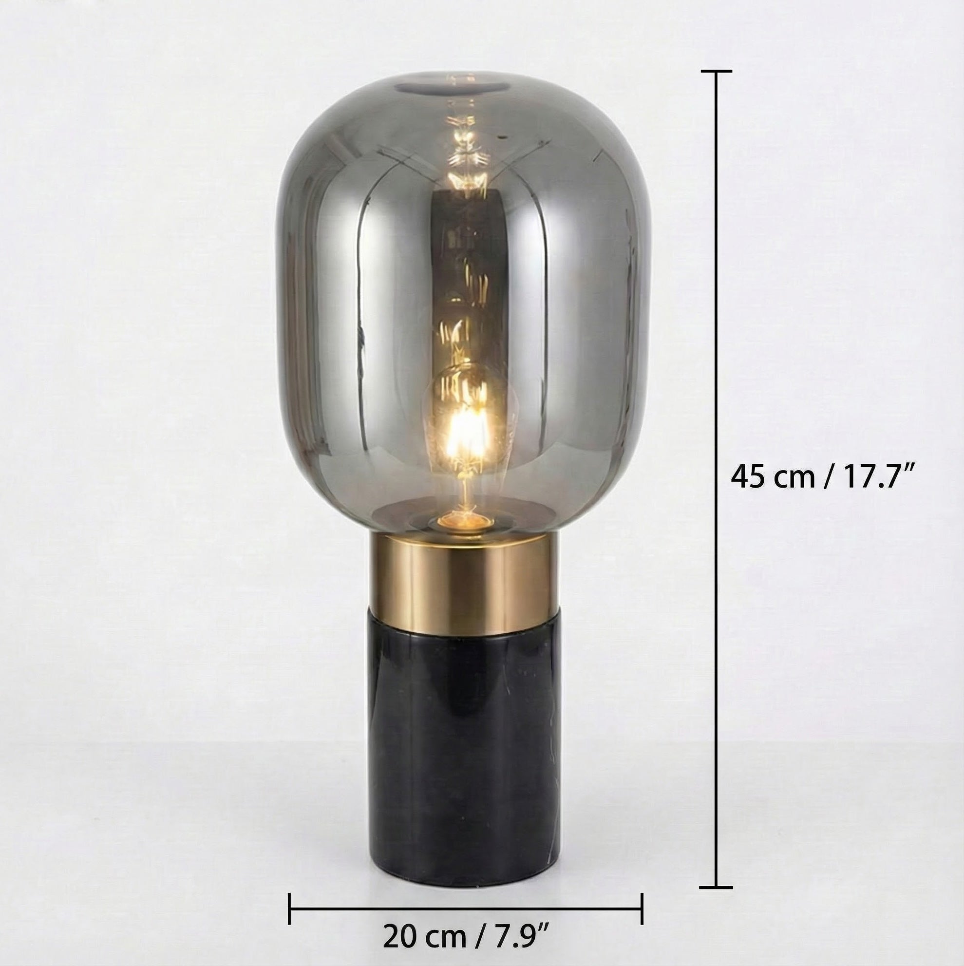 Dimension diagram of marble and glass table lamp showing height 45cm and width 20cm