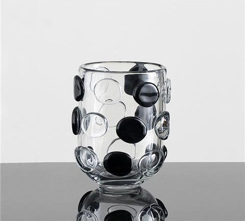 Medium cylindrical glass vase with raised black and clear discs