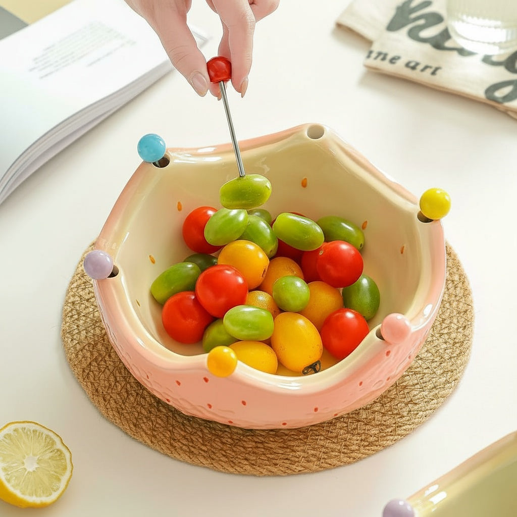 Glazed ceramic crown fruit bowl with forks holding cherry tomatoes