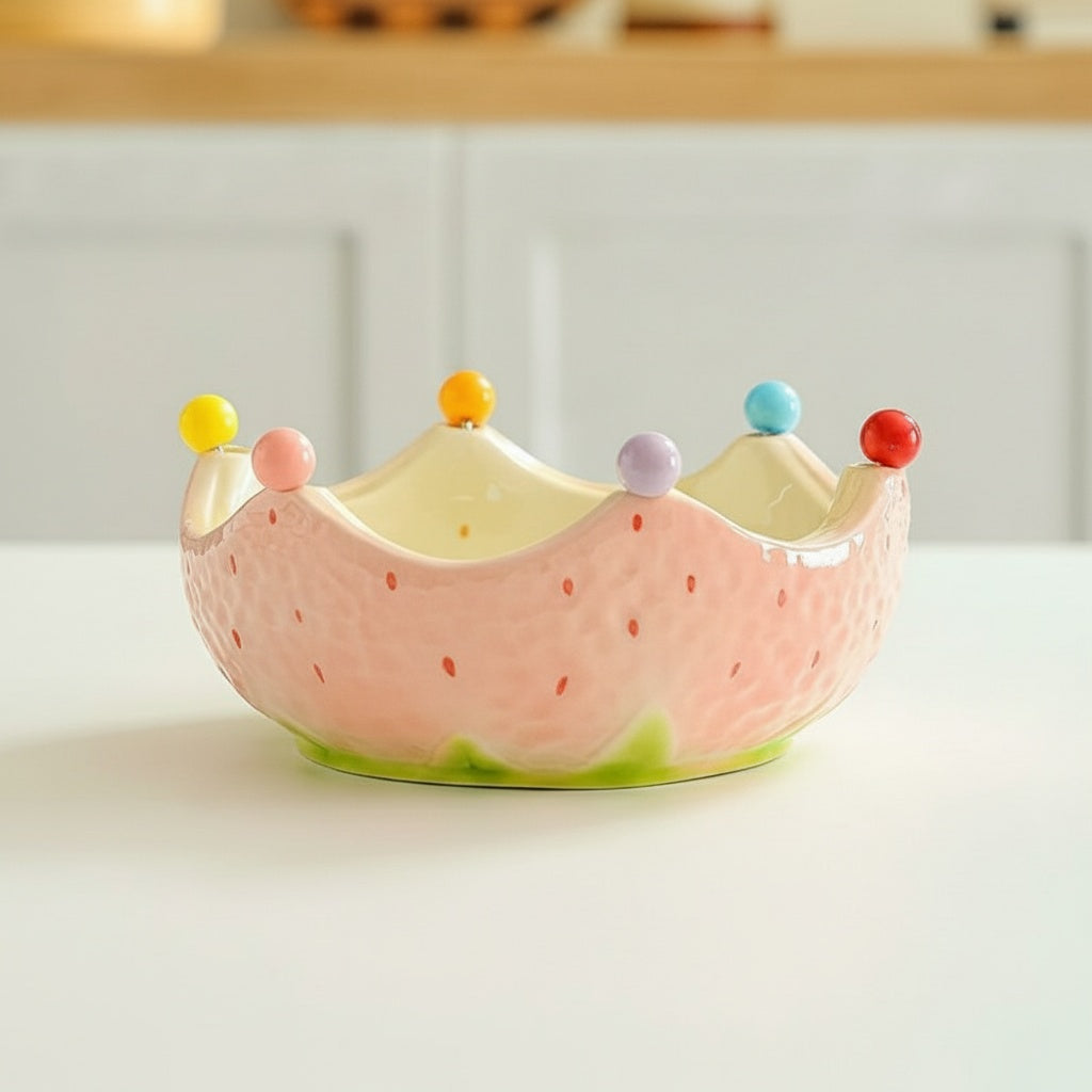Empty glazed ceramic crown fruit bowl showing holes for forks